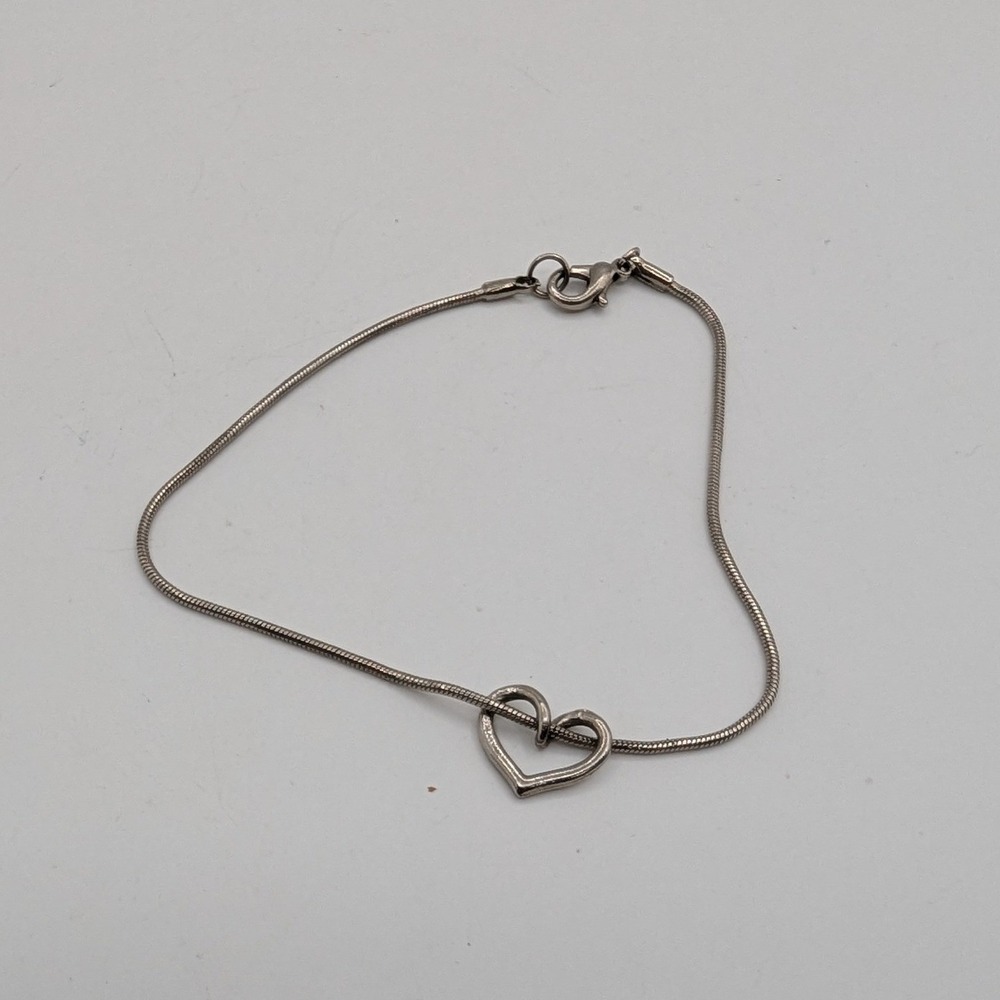 Silver Tone Snake Chain Open Heart Slide Bracelet Minimalist 9 In Lobster Clasp
